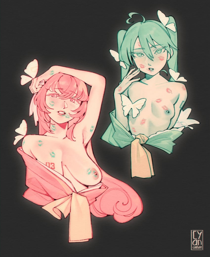 2girls bangs big_breasts blush breasts_out butterfly cyanceebee exposed_breasts hand_on_head hatsune_miku heart-shaped_pupils kiss_mark long_hair megurine_luka monochrome one_breast_out parted_lips partially_clothed portrait size_difference sketch sketch_page small_breasts tattoo topless twintails undressing vocaloid yuri