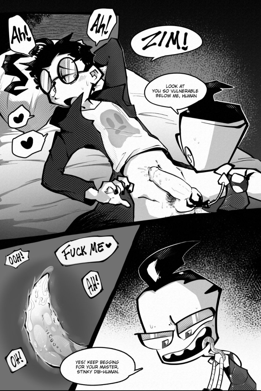anal_sex black_and_white clowndevil dialogue dib dib_membrane gay gay_sex invader_zim speech_bubble tentacle_penis tongue_out wig zim zim_(invader_zim)