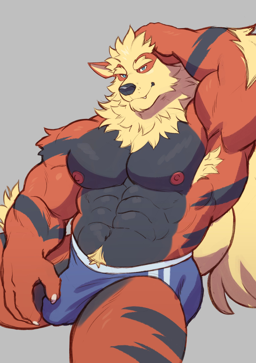 1boy abs absurd_res adios anthro anthrofied arcanine armpit_hair biceps biped black_nose blonde_pubes body_hair bulge colored detailed_bulge generation_1_pokemon hand_on_head hi_res male male_only muscular muscular_anthro muscular_male muscular_thighs nintendo nipples pecs pok&eacute;mon pok&eacute;mon_(species) pokemon pokemon_(species) pubes red_nipples solo triceps