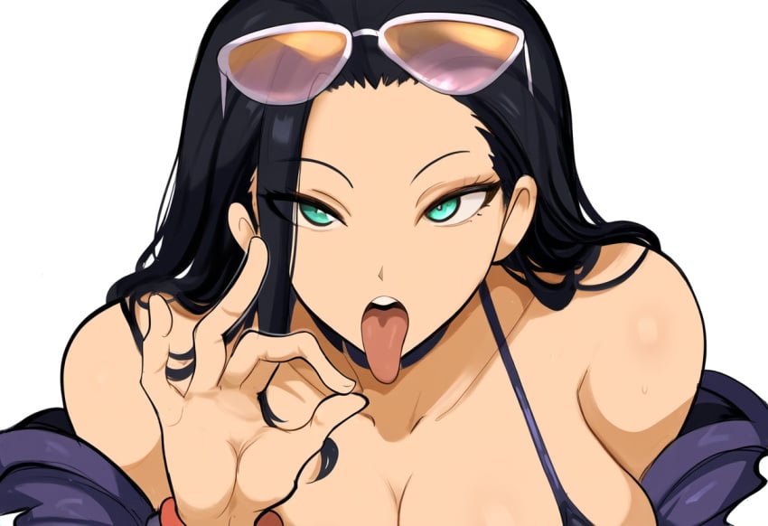 1girls ai_generated black_hair facing_viewer fellatio_gesture female glasses inviting_to_sex large_breasts looking_at_viewer mullon nico_robin novelai one_piece open_mouth solo suggestive suggestive_gesture sunglasses sunglasses_on_head tongue