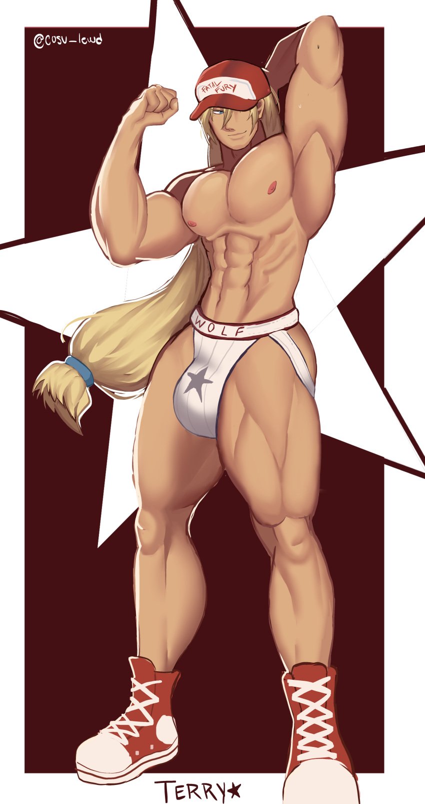 athletic bara big_bulge big_pecs big_penis blonde_hair blue_eyes bulge bulge_through_clothing converse cosu_lewd cosu_nya fatal_fury gay jeans jockstrap king_of_fighters long_hair male male_only muscular muscular_legs nipples pink_nipples red_vest solo super_smash_bros. terry_bogard thick_ass thick_pecs thick_thighs wearing_shoes_while_naked white_t-shirt