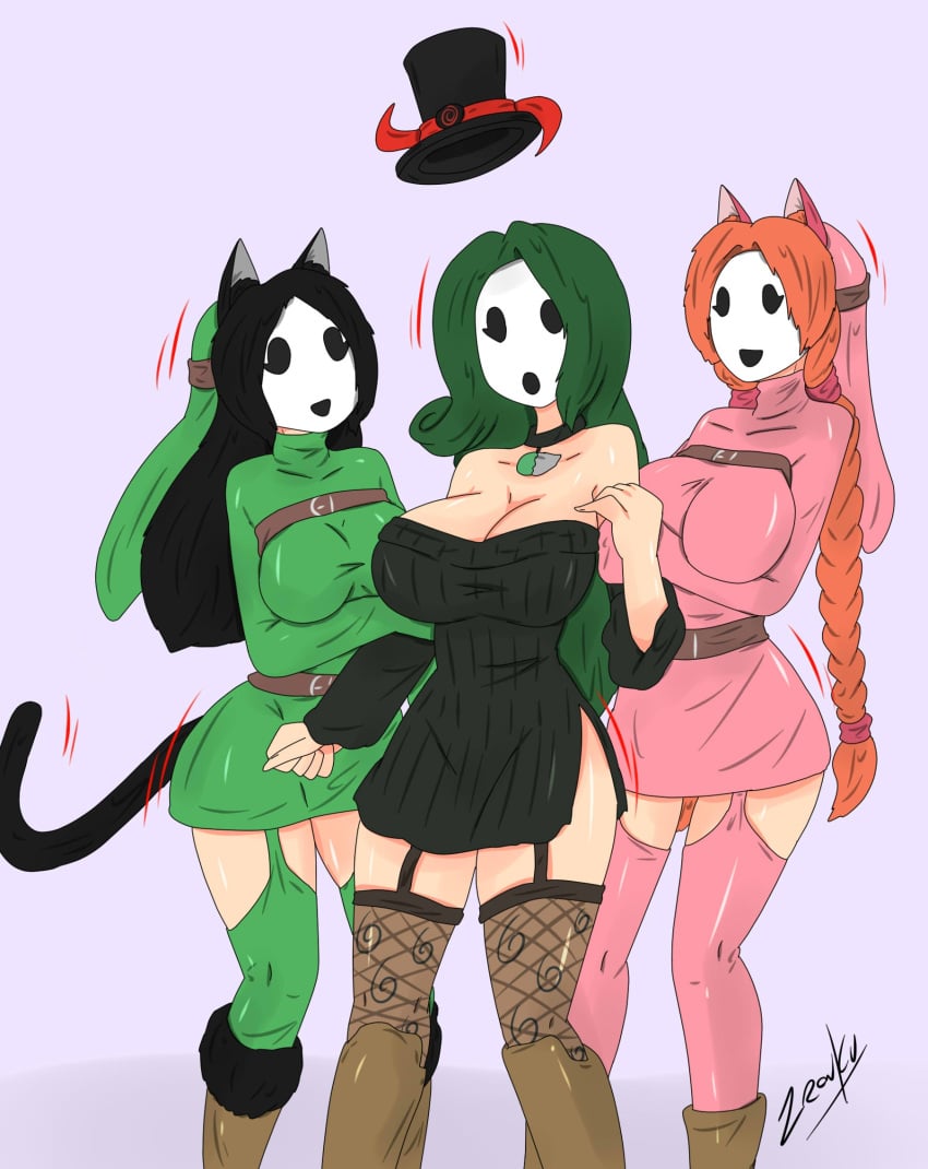 accord_(accord) black_hair cat_ears cat_girl female female_only femdom femsub green_hair hypnotized_hypnotist kya_(nazwa) mario_(series) mask mid_transformation multiple_girls nintendo orange_hair original shy_gal shygalization top_hat transformation viltai_(viltai) zronku