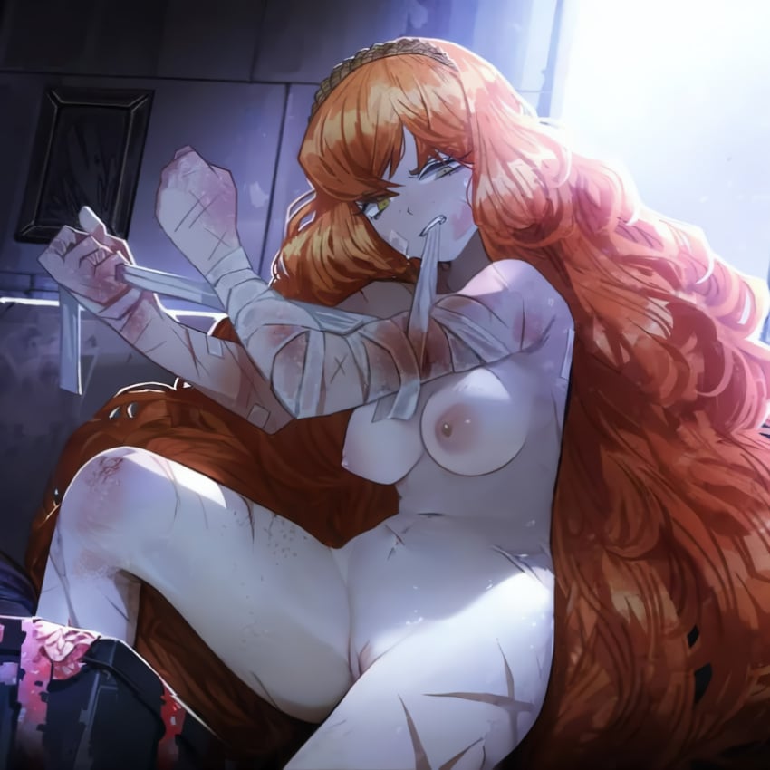 1girls bandage edit ginger green_eyes hairband ishmael_(limbus_company) limbus_company long_hair medium_breasts nude orange_hair project_moon scar sitting thighs upscaled very_long_hair vhfd wounded