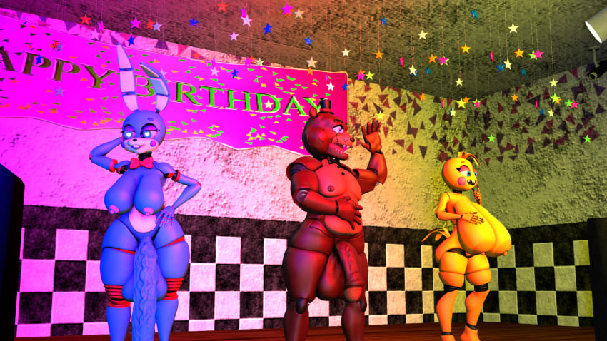 3d 3d_(artwork) animatronic big_balls big_breasts big_nipples big_thighs five_nights_at_freddy's five_nights_at_freddy's_2 futanari huge_balls huge_breasts huge_cock sfm source_filmmaker toy_bonnie_(fnaf) toy_chica_(akkoarcade) toy_chica_(fnaf) toy_freddy_(fnaf)