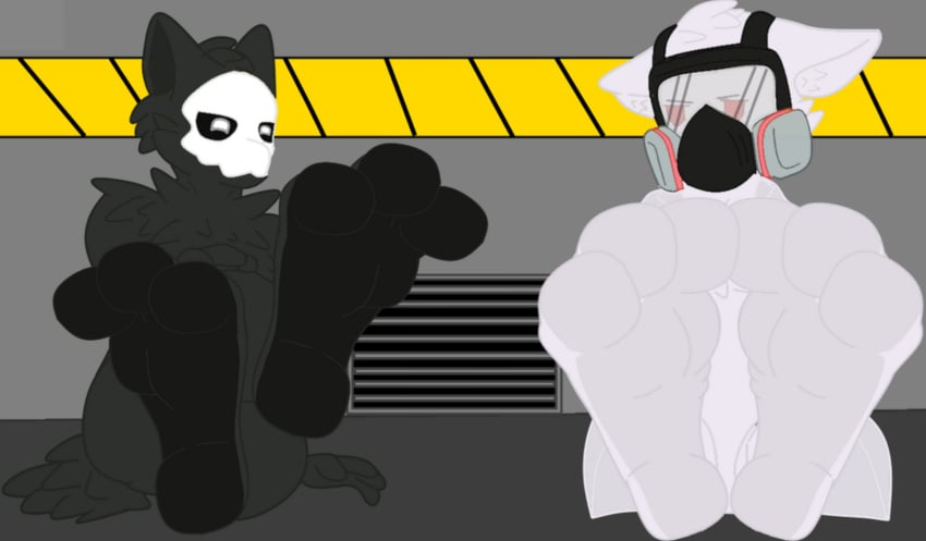 2males anthro canine changed_(video_game) dr.k_(changed) foot_fetish foot_focus foot_tease gas_mask labcoat latex male puro_(changed) showing_feet