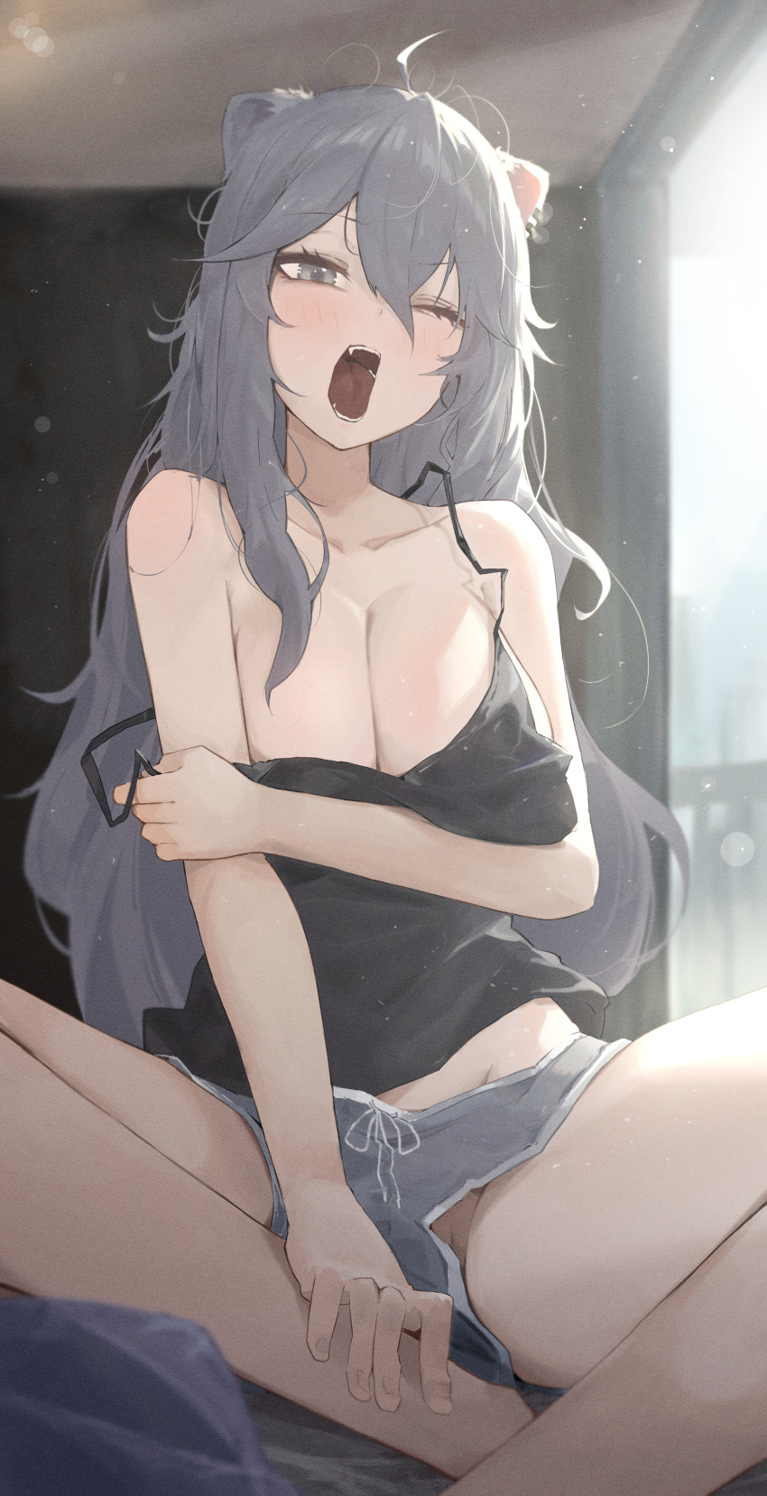 ;d absurdres animal_ear_piercing animal_ears artist_request bare_arms bare_legs bear_ears black_camisole blurry bokeh breasts camisole collarbone depth_of_field dolphin_shorts eyelashes female grey_eyes grey_hair grey_shorts groin hair_between_eyes hand_on_own_arm highres hololive indoors large_breasts light_particles long_hair looking_at_viewer menomeno_draw one_eye_closed open_mouth pussy pussy_peek shishiro_botan shorts sidelocks sitting smile solo spaghetti_strap strap_slip sunlight teeth tongue upshorts virtual_youtuber window yawning