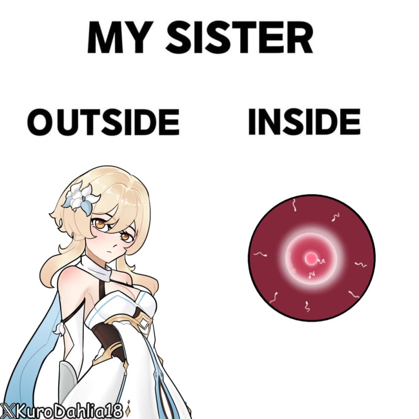 1girls artist_name blonde_hair cleavage clothed clothing dressed female female_only flower_in_hair genshin_impact hair_flower hair_ornament impregnation incest kurodahlia18 lumine_(genshin_impact) meme ovum sister sperm_cell tagme watermark white_dress yellow_eyes