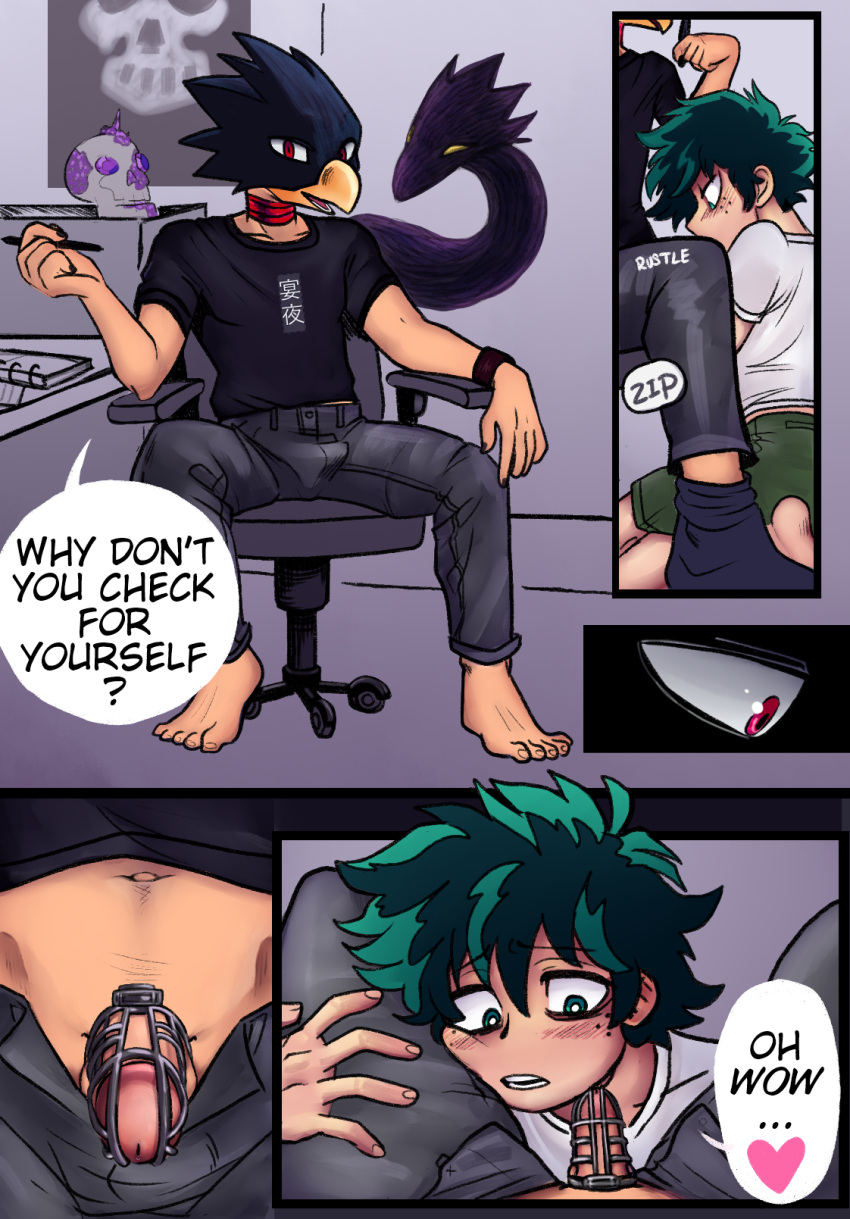 avian bird black_hair blush byjovewhataspend chastity_cage chastity_device comic duo fumikage_tokoyami genitals green_hair hi_res human humanoid izuku_midoriya male male/male male_only mammal my_hero_academia penis yaoi