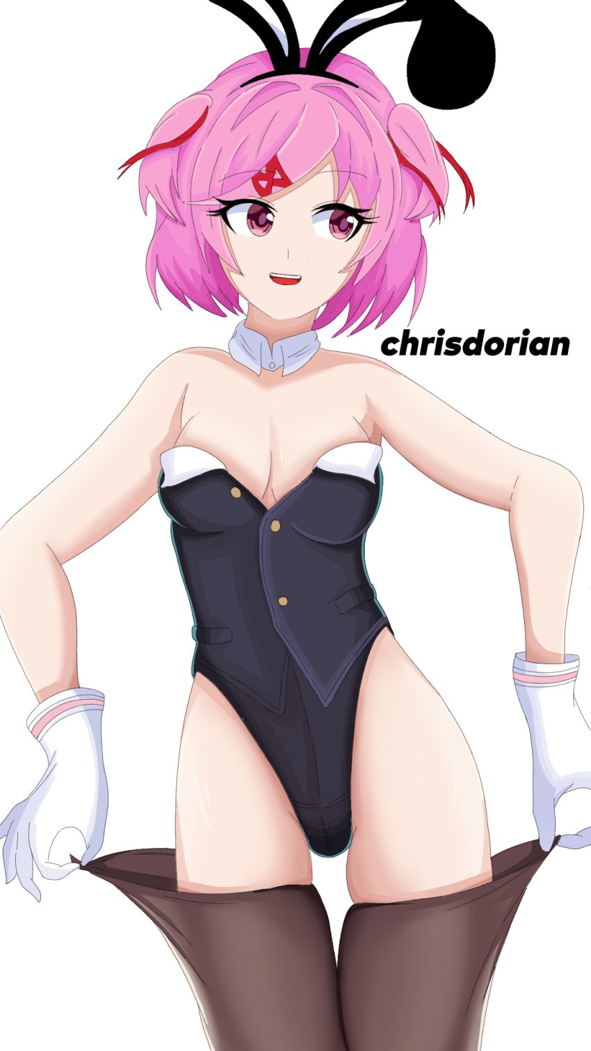 1female 1girls breasts bunny_ears bunny_suit bunnysuit chd172_(artist) chrisdorian chrisdorian17_(artist) cleavage collar doki_doki_literature_club female natsuki_(doki_doki_literature_club) pink_eyes pink_hair thighs