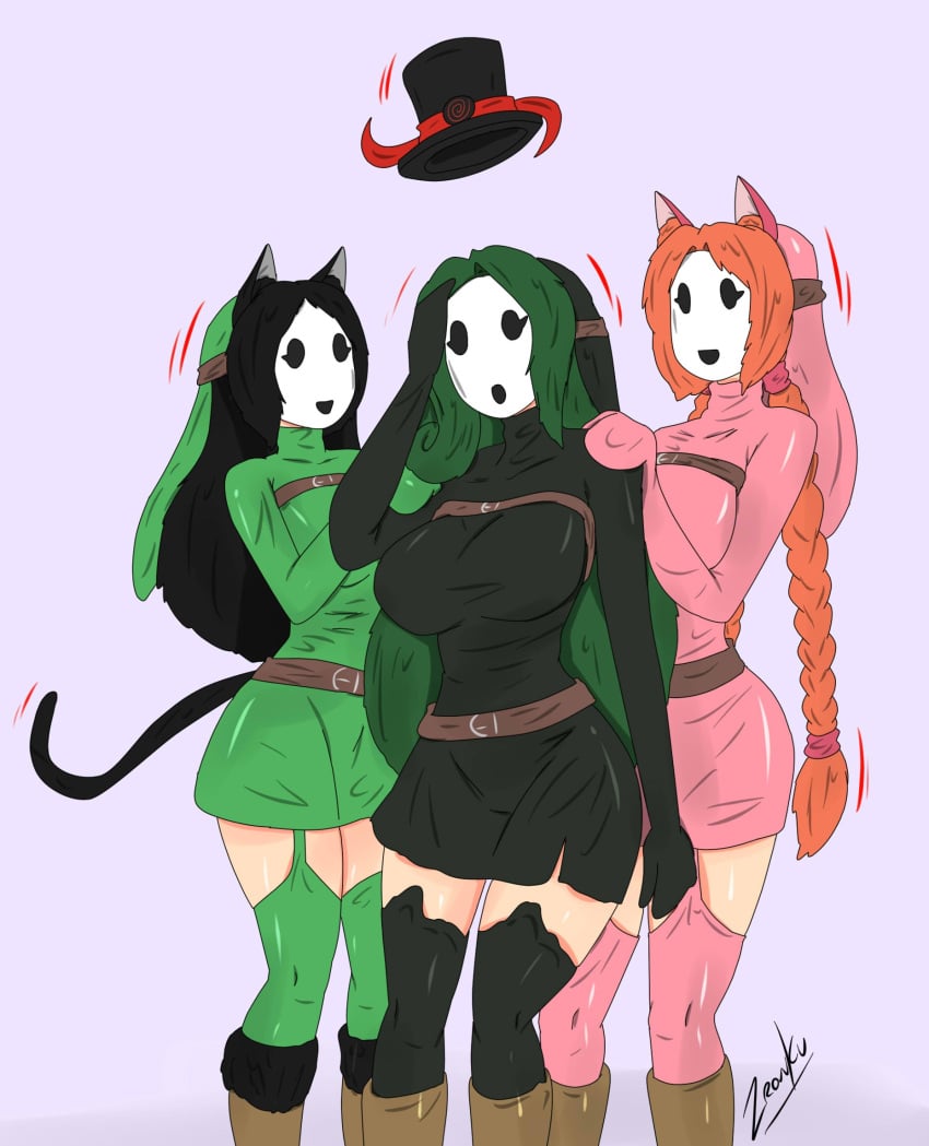 accord_(accord) black_hair cat_ears cat_girl female female_only femdom femsub green_hair hypnotized_hypnotist kya_(nazwa) mario_(series) mask mid_transformation multiple_girls nintendo orange_hair original shy_gal shygalization top_hat transformation viltai_(viltai) zronku