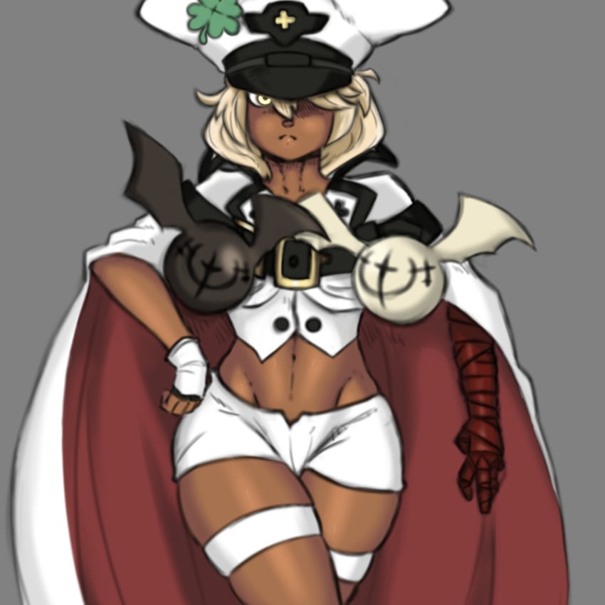 1girls 2021 bandage bandaged_arm blonde_hair cape dark-skinned_female dark_skin female female_only guilty_gear guilty_gear_strive guilty_gear_xrd katsuu_nsfw midriff ramlethal_valentine solo solo_female solo_focus