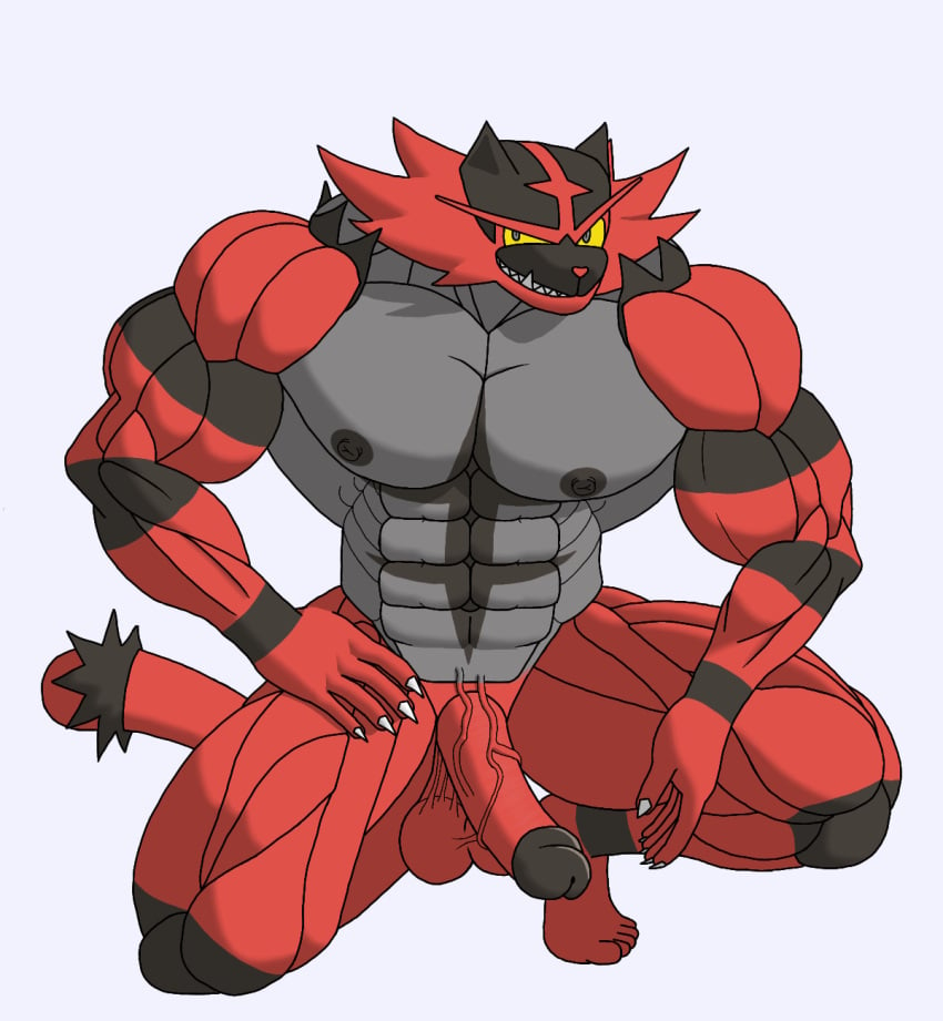 abs anthro balls black_glans black_nipples claws feet gay generation_7_pokemon genitals gesturing_at_viewer glans half-erect hand_on_leg hand_on_own_leg hand_on_own_thigh hand_on_thigh hi_res incineroar kneeling male muscular muscular_male nintendo nipples pecs penis pokemon pokemon_(species) red_penis red_tail saggy_balls secromon sharp_teeth simple_background smile smirk smug solo tail teeth toes vein veiny_penis white_background white_claws yellow_sclera