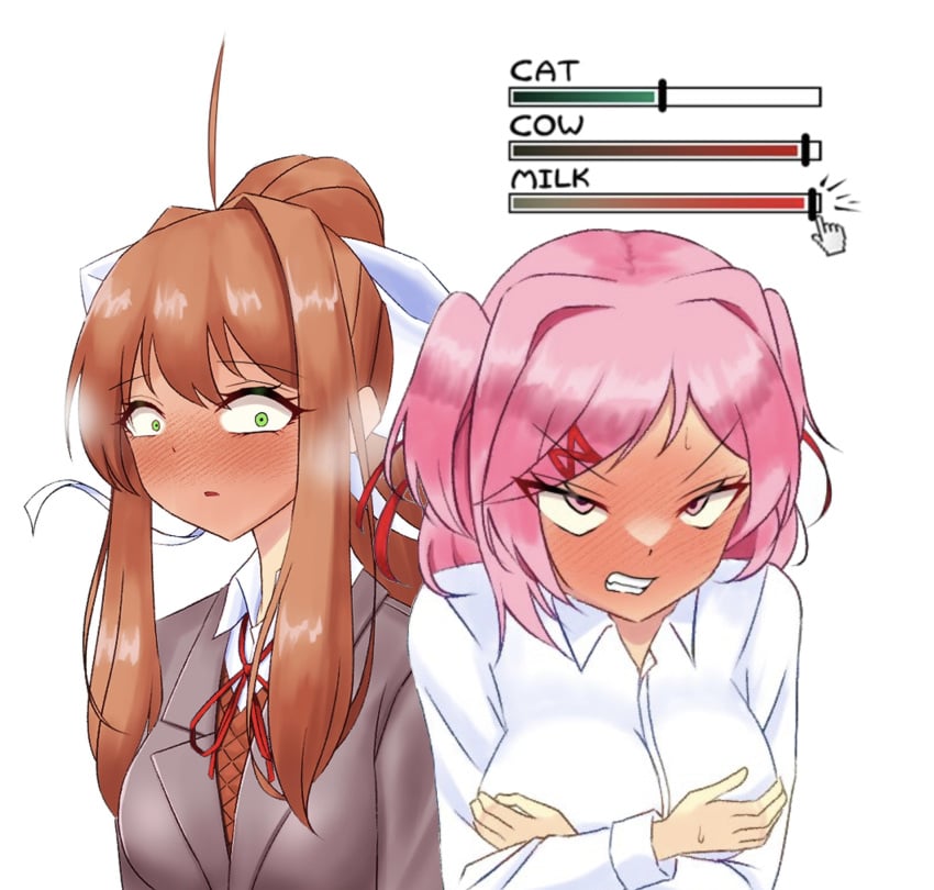 2girls 3rd_party_edit ahoge angry attribute_slider big_breasts blank_background blush blush_face blush_lines blushing breast_expansion breast_squish breasts brown_hair doki_doki_literature_club edit edited embarrassed embarrassed_female embarrassment female female_focus female_only green_eyes holding_breast holding_own_breast large_breasts mhmundead miham_moni monika_(doki_doki_literature_club) natsuki_(doki_doki_literature_club) oham_yuri pink_eyes pink_hair simple_background slider sweat sweatdrop third-party_edit white_background yuri