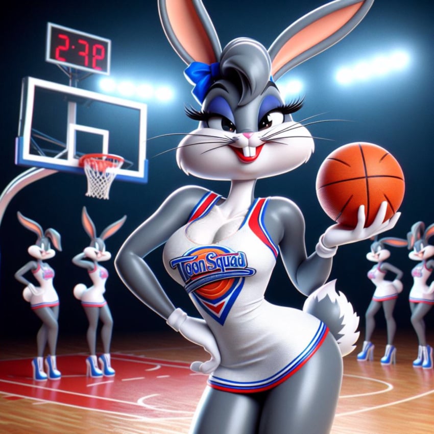 after_transformation ai_generated ai_generatedfemin basketball basketball_uniform bedroom_eyes bugs_bunny cheerleader edited feminine_pose feminization looney_tunes miniskirt mtf_transformation rule_63 space_jam