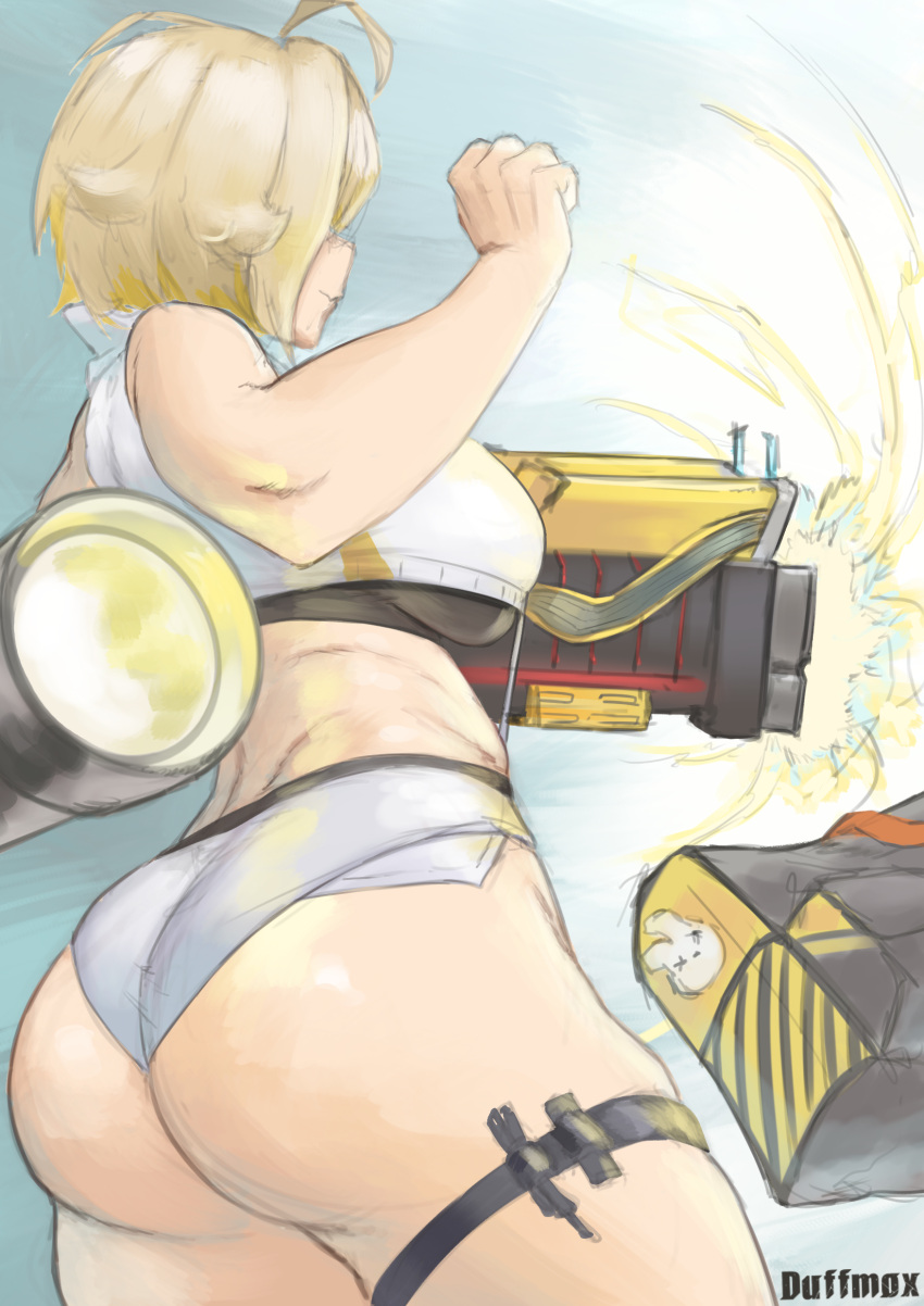 1girls ass ass_focus belly big_ass big_breasts blonde_hair breasts clothed clothing duffmox elegg_(nikke) fat_ass giant_breasts goddess_of_victory:_nikke gun hips large_ass large_breasts large_butt larger_female light-skinned_female light_skin thick_legs thick_thighs thighhighs thighs white_hair yellow_hair