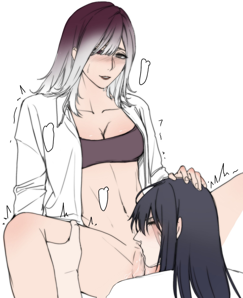 2girls black_hair bottomless cunnilingus female female_only hand_on_head lesbian_sex lezissmit licking_pussy multiple_girls oral oral_sex path_to_nowhere purple_hair rahu_(path_to_nowhere) scar_across_eye shalom_(path_to_nowhere) unbuttoned_shirt yuri