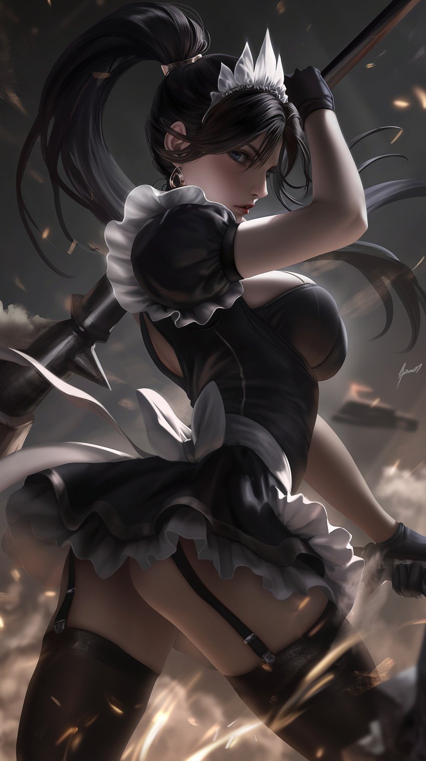 1girl 1girls ai_generated animeaiworld big_breasts black_hair black_hair_female blue_eyes blue_eyes_female boob_window french_maid french_maid_nidalee hi_res high_res high_resolution highres large_breasts league_of_legends maid maid_apron maid_dress maid_headdress maid_outfit maid_stockings nidalee ponytail ponytail_female riot_games skimpy skimpy_clothes skimpy_costume skimpy_outfit stockings the_grind_series