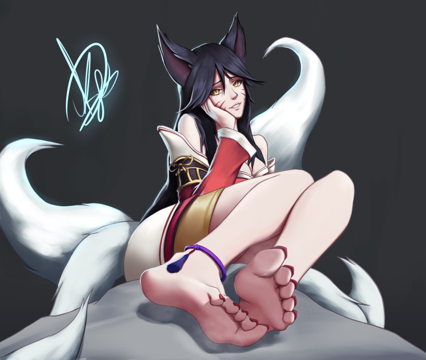 1girls ahri anklet black_hair facial_markings foot_fetish foot_focus fox fox_ears fox_tail kakifeet league_of_legends painted_nails painted_toenails solo solo_female solo_focus tagme yellow_eyes