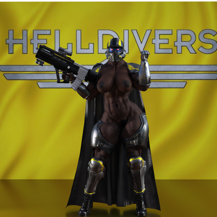 abs armor armored_boots armored_female armored_gloves arrowhead_game_studios big_breasts buff cape casual dark-skinned_female dark_nipples dark_skin democracy exposed_torso faceless_female female glowing_eyes glowing_red_eyes gun havonetaevalentine helldiver_(helldivers) helldivers helldivers_2 helmet high_resolution highres human muscular_arms muscular_female muscular_thighs red_eyes rifle thick_thighs veiny_muscles