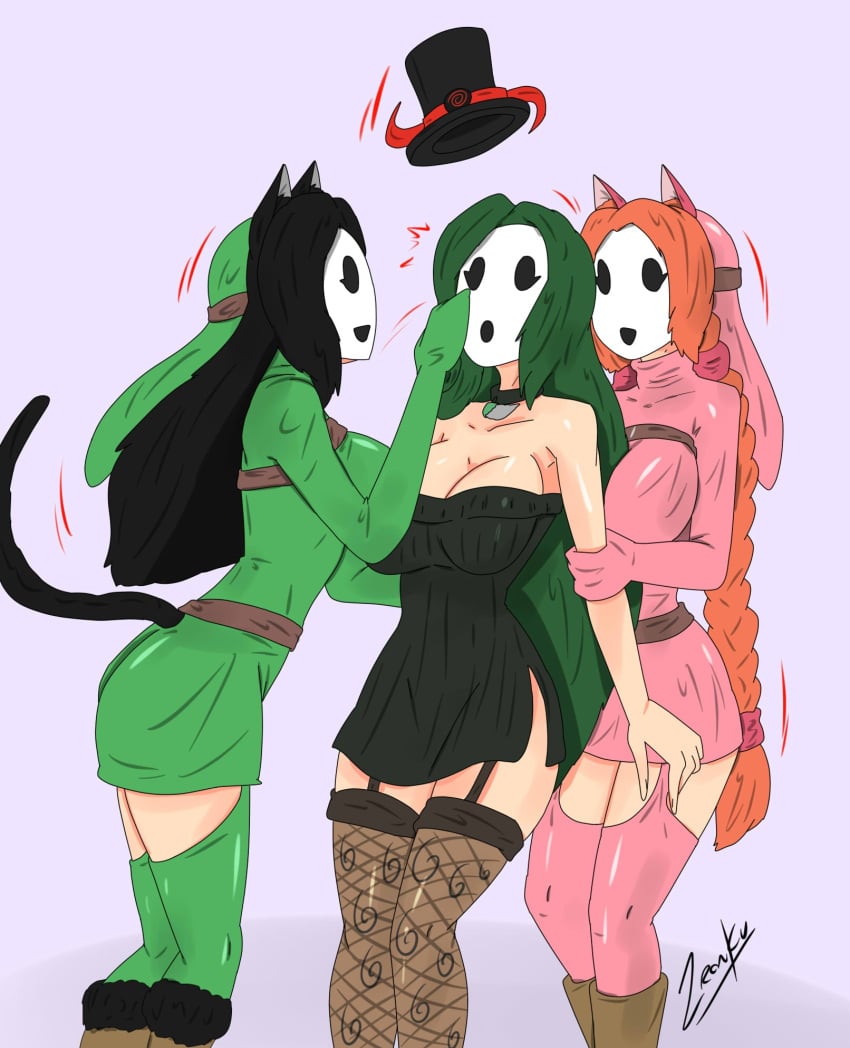 accord_(accord) black_hair cat_ears cat_girl female female_only femdom femsub green_hair hypnotized_hypnotist kya_(nazwa) mario_(series) mask multiple_girls nintendo orange_hair original pre-transformation shy_gal shygalization top_hat transformation viltai_(viltai) zronku