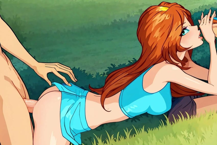 1boy 4kids_entertainment ai_generated anal_sex bare_ass bloom_(winx_club) charmix grass looking_at_viewer lying_on_stomach miniskirt nickelodeon no_panties outdoors partial_male penis_in_ass public_sex rainbow_(animation_studio) winx_club