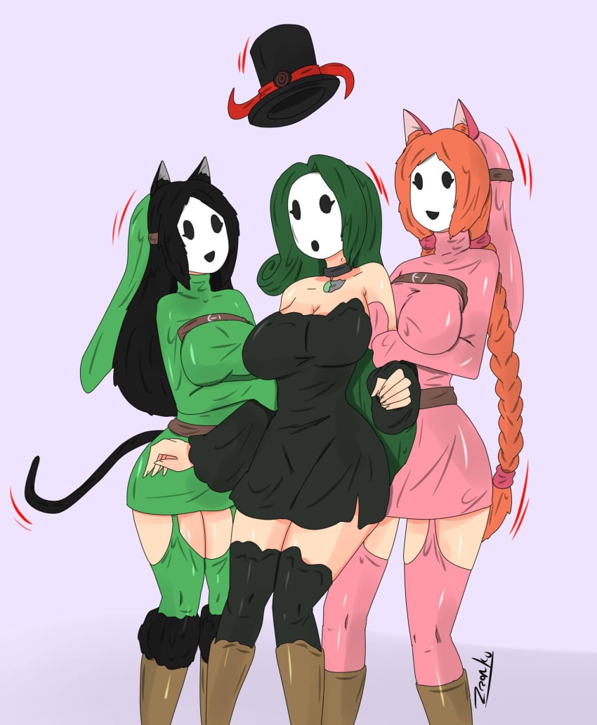 accord_(accord) black_hair cat_ears cat_girl female female_only femdom femsub green_hair hypnotized_hypnotist kya_(nazwa) mario_(series) mask mid_transformation multiple_girls nintendo orange_hair original shy_gal shygalization top_hat transformation viltai_(viltai) zronku