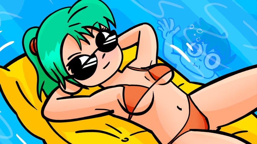 1boy 1girls armpits arms_behind_head arms_up bikini black_eyes bubble drowning elfatgato female green_hair inflatable looking_over_eyewear looking_over_glasses looking_over_sunglasses male orange_bikini panties ponytail pool ramona_flowers scott_pilgrim scott_w_pilgrim short_hair sunglasses tinted_eyewear water