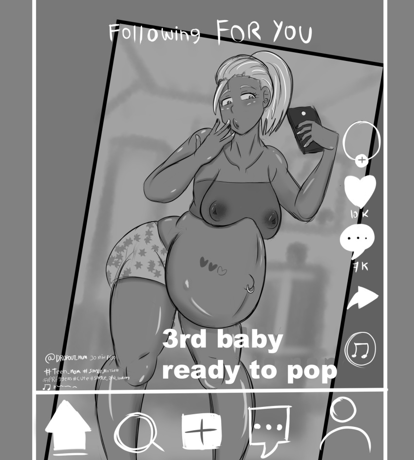 1girls belly big_belly breasts dark-skinned_female female jess4u nipples nipples_visible_through_clothing pregnancy_tally pregnant selfie social_media text