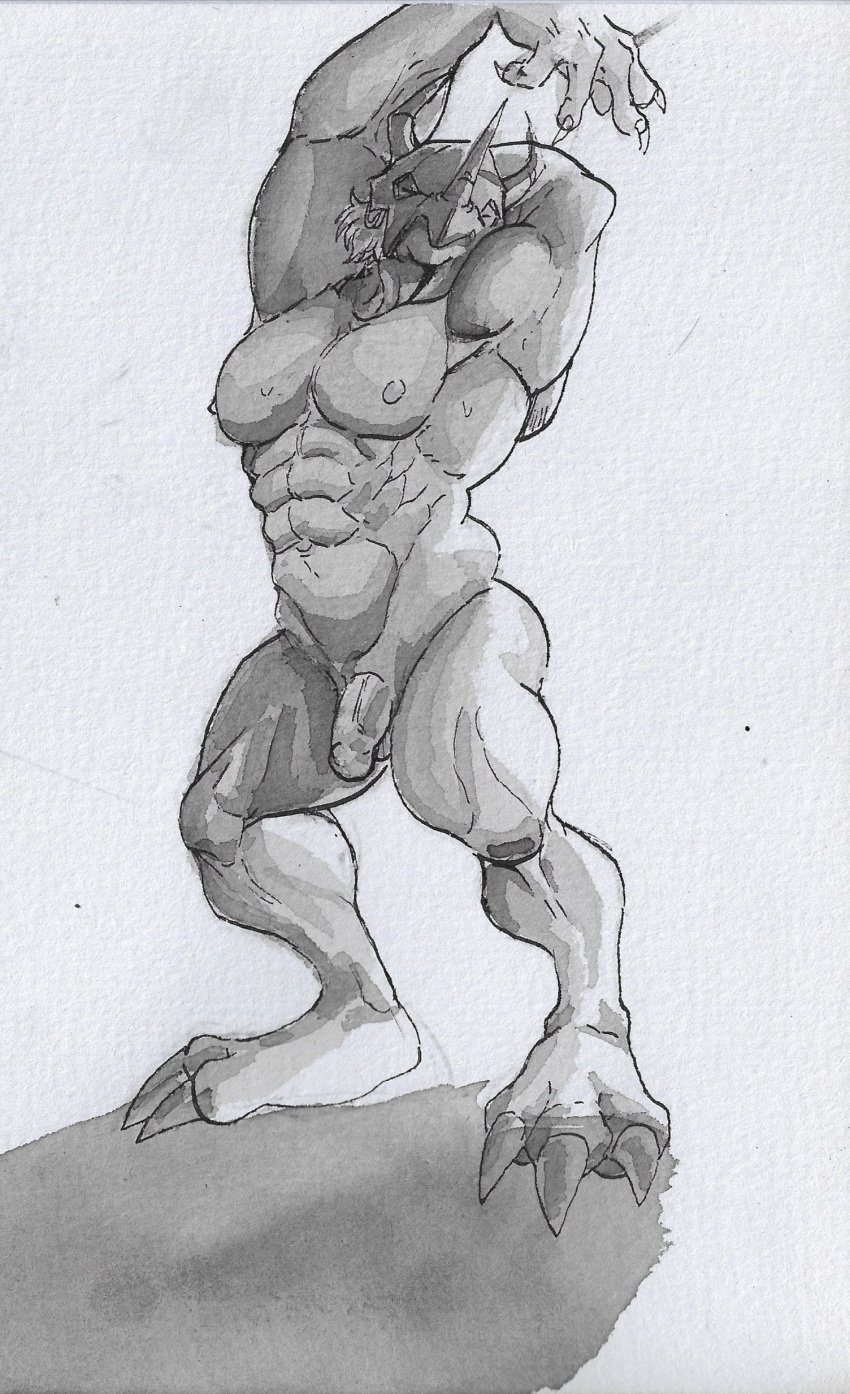 abs absurd_res anthro armor balls bandai_namco barazoku biceps bodily_fluids claws digimon digimon_(species) feet finger_claws genitals headgear helmet hi_res male male_focus male_only muscular muscular_anthro muscular_male nipples penis pinumontbalou solo sweat toe_claws traditional_media_(artwork) vein veiny_penis wargreymon