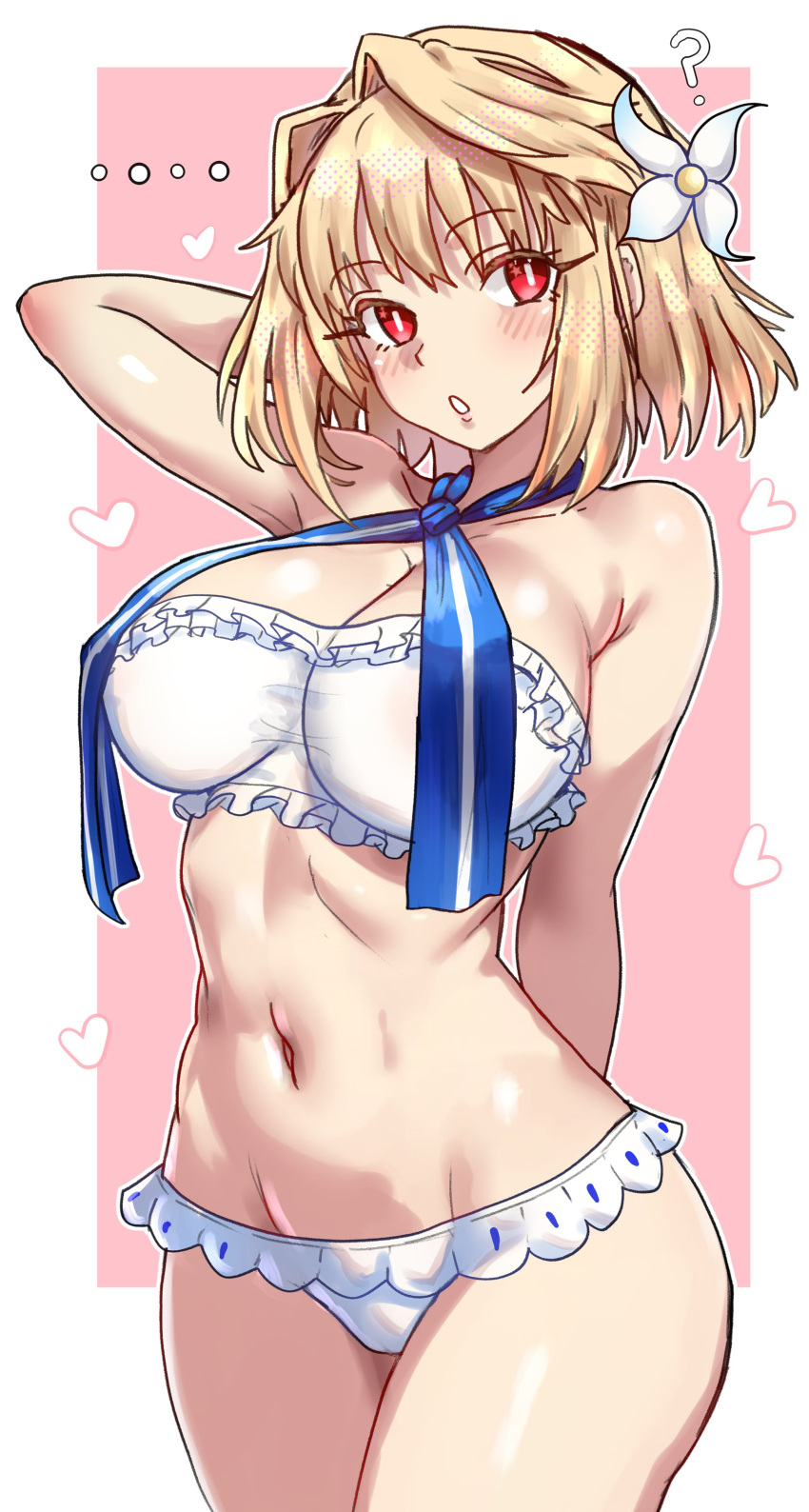 ? absurdres alternate_version_available archetype_earth arcueid_brunestud bandeau bare_shoulders bikini blonde_hair blush breasts bright_pupils cleavage ebora fate/grand_order fate_(series) female flower hair_flower hair_intakes hair_ornament highres large_breasts looking_at_viewer navel neck_ribbon open_mouth red_eyes ribbon short_hair solo strapless strapless_bikini swimsuit thighs tsukihime vampire vampire_girl white_bikini white_pupils youngmanisdown