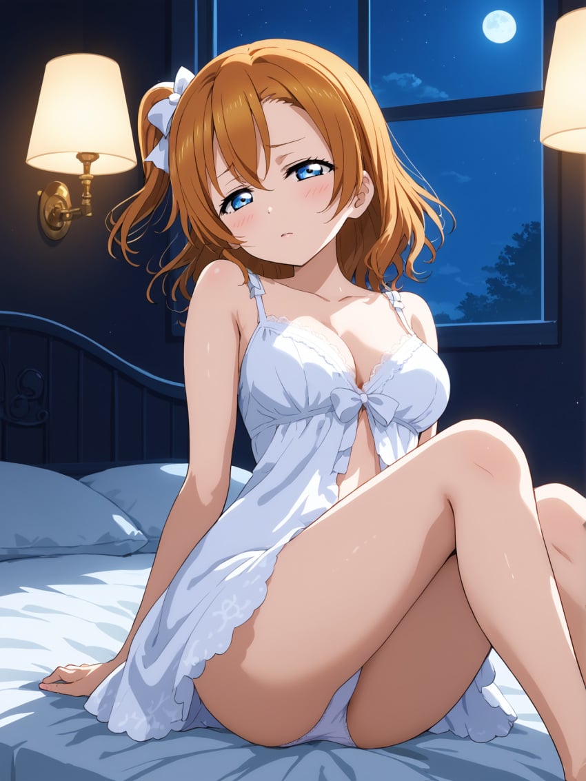 1girls ai_generated bangs bed blue_eyes blush bow breasts brown_hair cleavage female female female_only full_moon hairbow half-closed_eyes indoors kousaka_honoka lamp looking_at_viewer love_live! love_live!_school_idol_project medium_breasts medium_hair moon night night_sky on_bed one_side_up panties pillow sitting sky solo solo_female tokiwa-27 underwear white_babydoll white_bow white_panties window