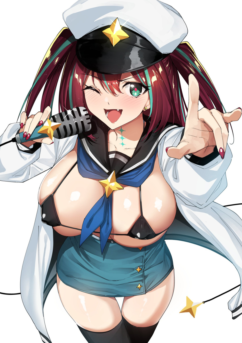 absurdres akoya_matama aqua_eyes aqua_hair aqua_skirt bikini black_bikini black_sailor_collar black_socks black_thighhighs blue_neckerchief blush breasts brown_hair commentary_request covered_erect_nipples cross cross_earrings earrings female fingernails hair_between_eyes hands_up hat highres holding holding_microphone jacket jewelry large_breasts loco_musica long_hair long_sleeves looking_at_viewer magical_girl mahou_shoujo_ni_akogarete micro_bikini microphone nail_polish neckerchief oerba_yun_fang one_eye_closed open_clothes open_jacket open_mouth peaked_cap puffy_long_sleeves puffy_sleeves red_nails red_pupils sailor_collar simple_background skirt socks solo swimsuit thigh_socks thighhighs tomohiro_kai two_side_up white_background white_headwear white_jacket