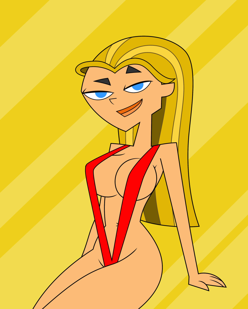 artist_request big_breasts blonde_hair lindsay_(tdi) long_hair looking_at_viewer red_bikini tagme tjlive5 v_string_bikini yellow_background