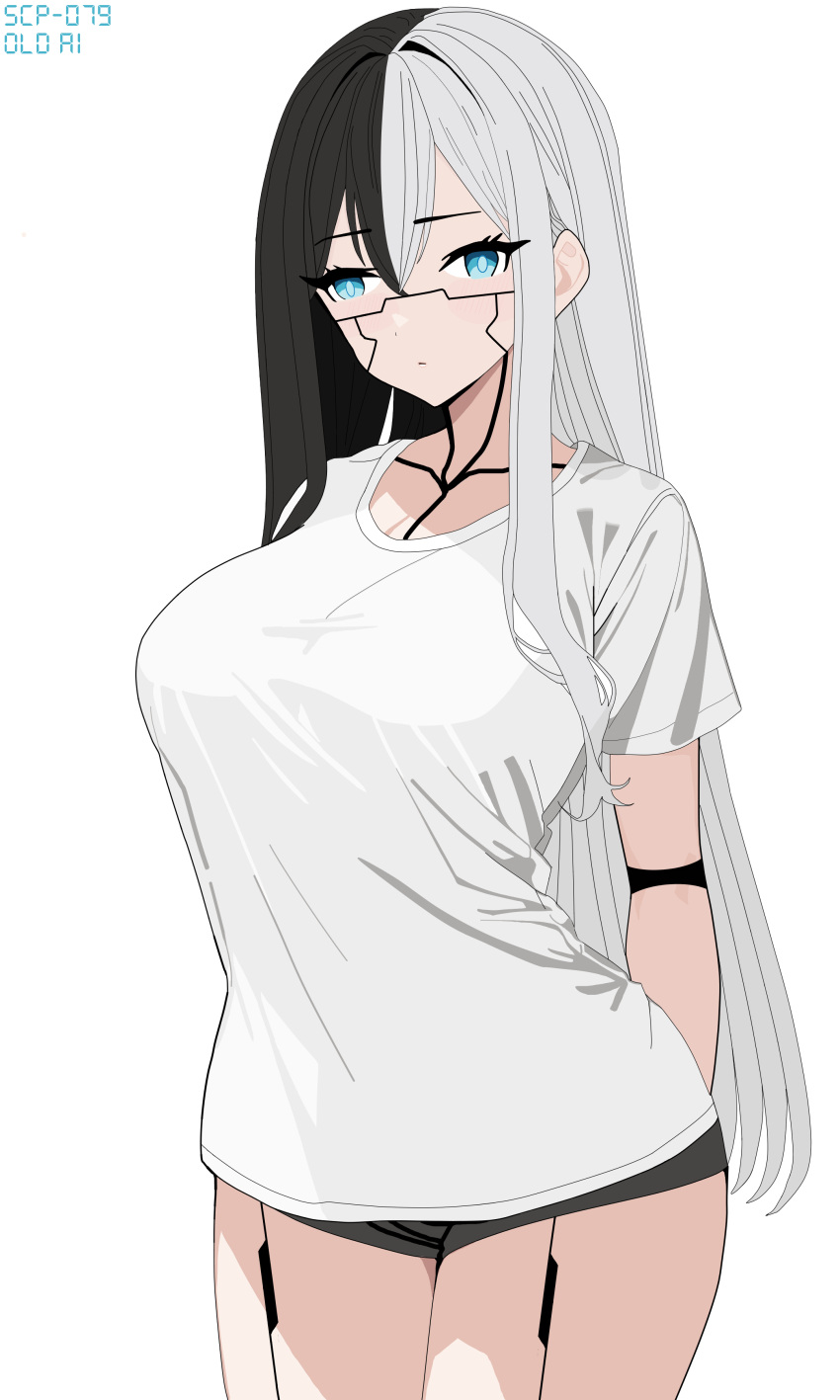 1girls absurdres asymmetrical_hair black_hair blue_eyes breasts female female_only highres humanoid_robot large_breasts long_hair looking_at_viewer robot robot_girl scp-079 scp_foundation shirt shorts simple_background solo solo_female white_background white_hair white_shirt