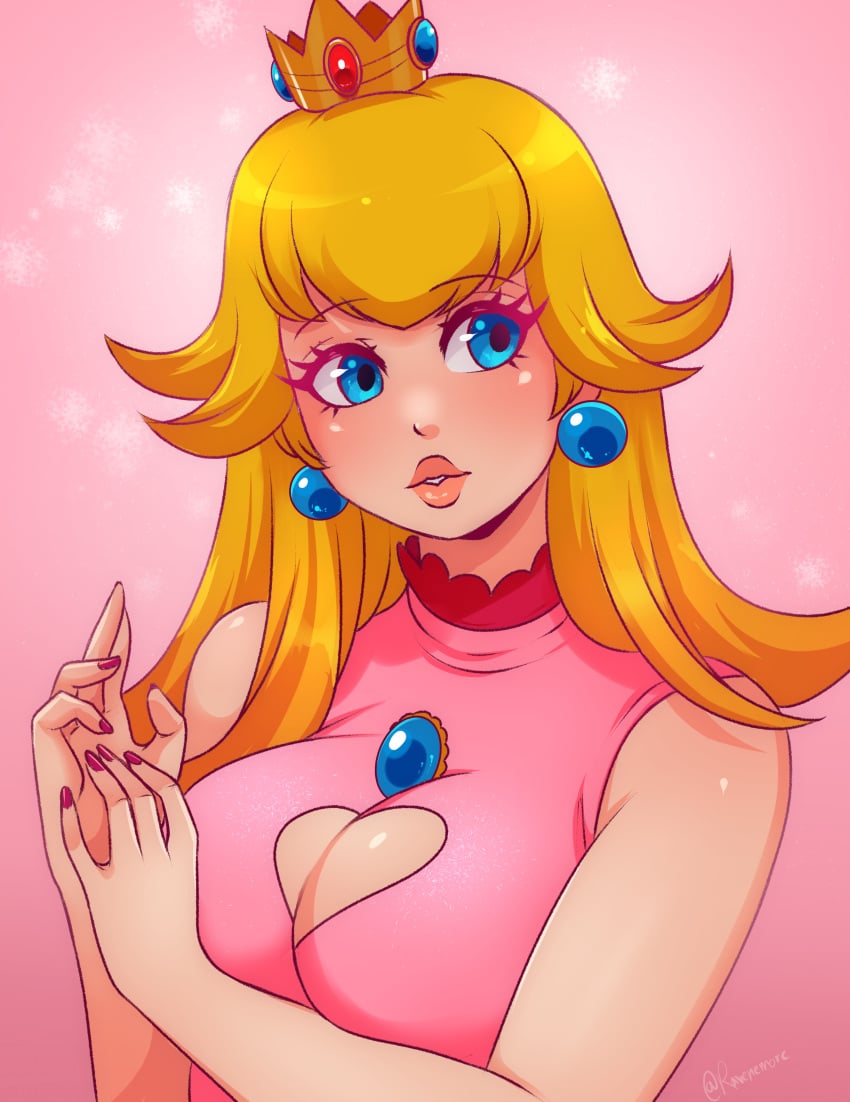 1girls big_breasts blonde_hair blue_eyes cleavage cleavage_cutout clothed crown earrings female female_only heart_cutout hi_res long_hair mario_(series) nintendo pink_clothing princess_peach ravenemore solo