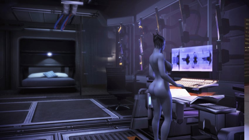 3d 3d_(artwork) asari ass bed blue_skin casual_nudity computer dark_skin desktop electronics female humanoid indoors interior liara_t'soni mass_effect no_sex nonsexual_nudity nudist rastifan spacecraft standing