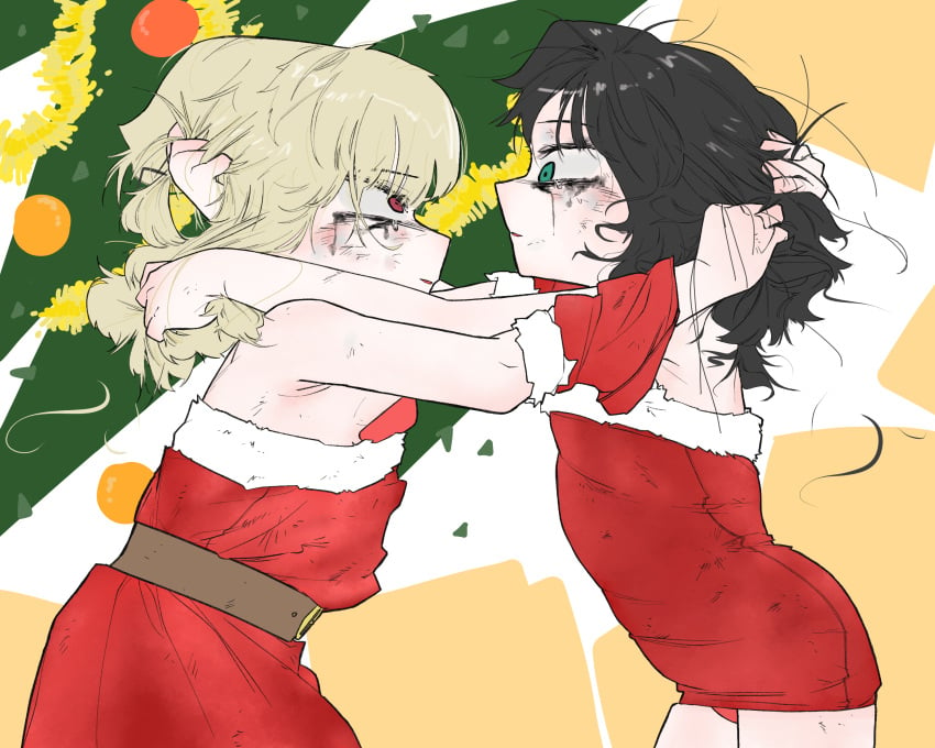 2girls artist_request catfight christmas christmas_decorations christmas_outfit christmas_tree eyeliner fight fighting hair_pulling hairpull hate original original_characters ripped_clothing staredown