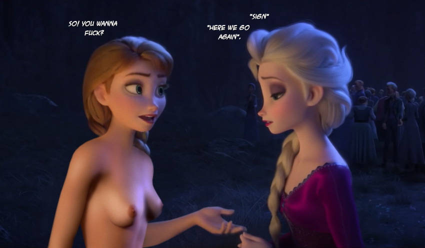 3d anna_(frozen) ass disney elsa_(frozen) female frozen_(film) frozen_2 funny honeymaren humor incest nipples nude outdoors princess queen rastifan sisters yuri