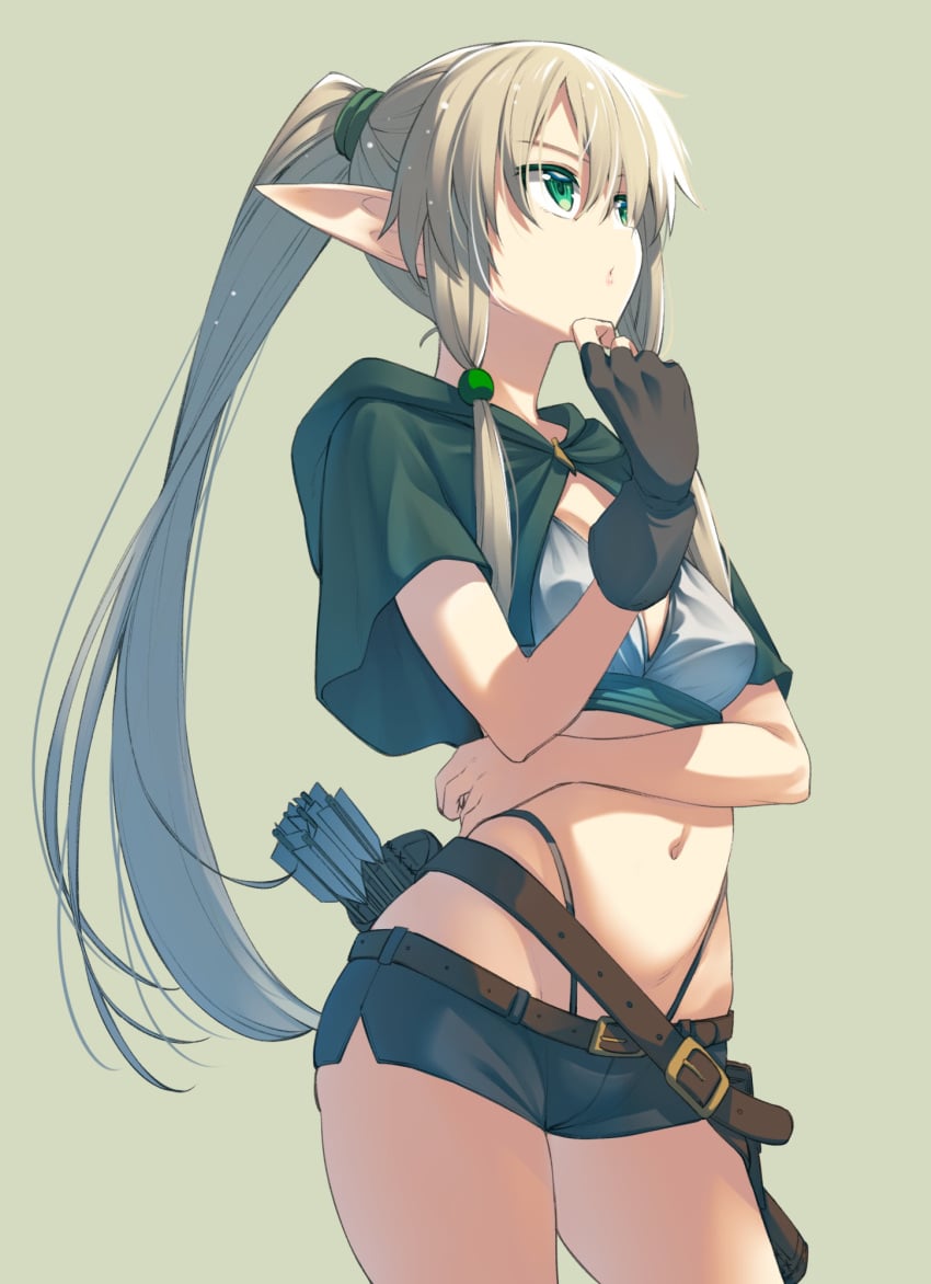 akino_sora arm_under_breasts arrow_(projectile) asymmetrical_gloves black_panties blonde_hair breasts capelet cleavage commentary cowboy_shot crop_top elf female fingerless_gloves gloves green_eyes hair_between_eyes hair_tie hand_on_own_chin high-waist_panties highres isekai_kita_no_de_sukebe_skill_de_zenryoku_ouka_shiyou_to_omou_the_animation large_ears light_particles long_hair looking_afar micro_shorts midriff navel original panties pointy_ears ponytail pursed_lips quiver short_sleeves shorts simple_background small_breasts solo underwear