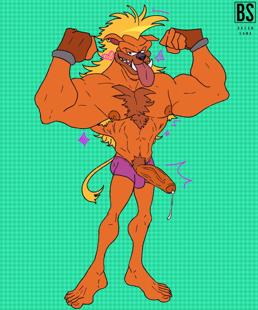 <3 1boy 2024 anthro anthro_only artist_logo artist_name artist_upload bacon_sama bara color cum cumming dingo_(sonic_underground) flexing gay hairy_male heart male male_only muscles muscular muscular_male pecs posing precum self_upload tongue tongue_out