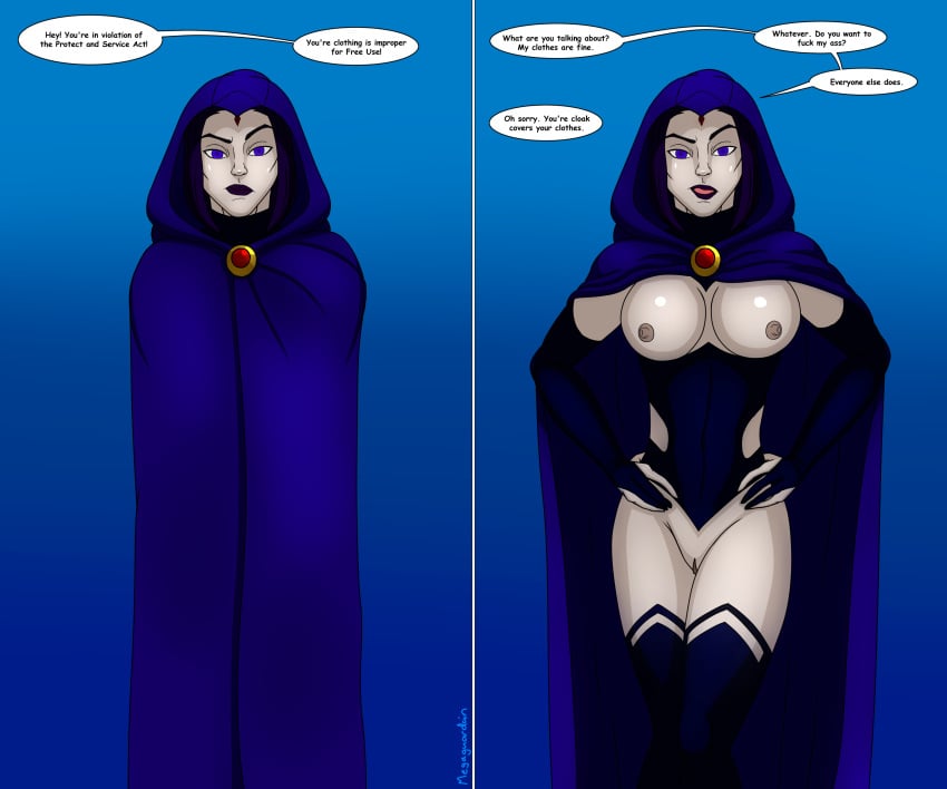 big_breasts bottomless common_sense_change dc_comics empty_eyes femsub grey_skin mind_control open_mouth opera_gloves purple_hair raven_(dc) superheroine thighhighs unaware