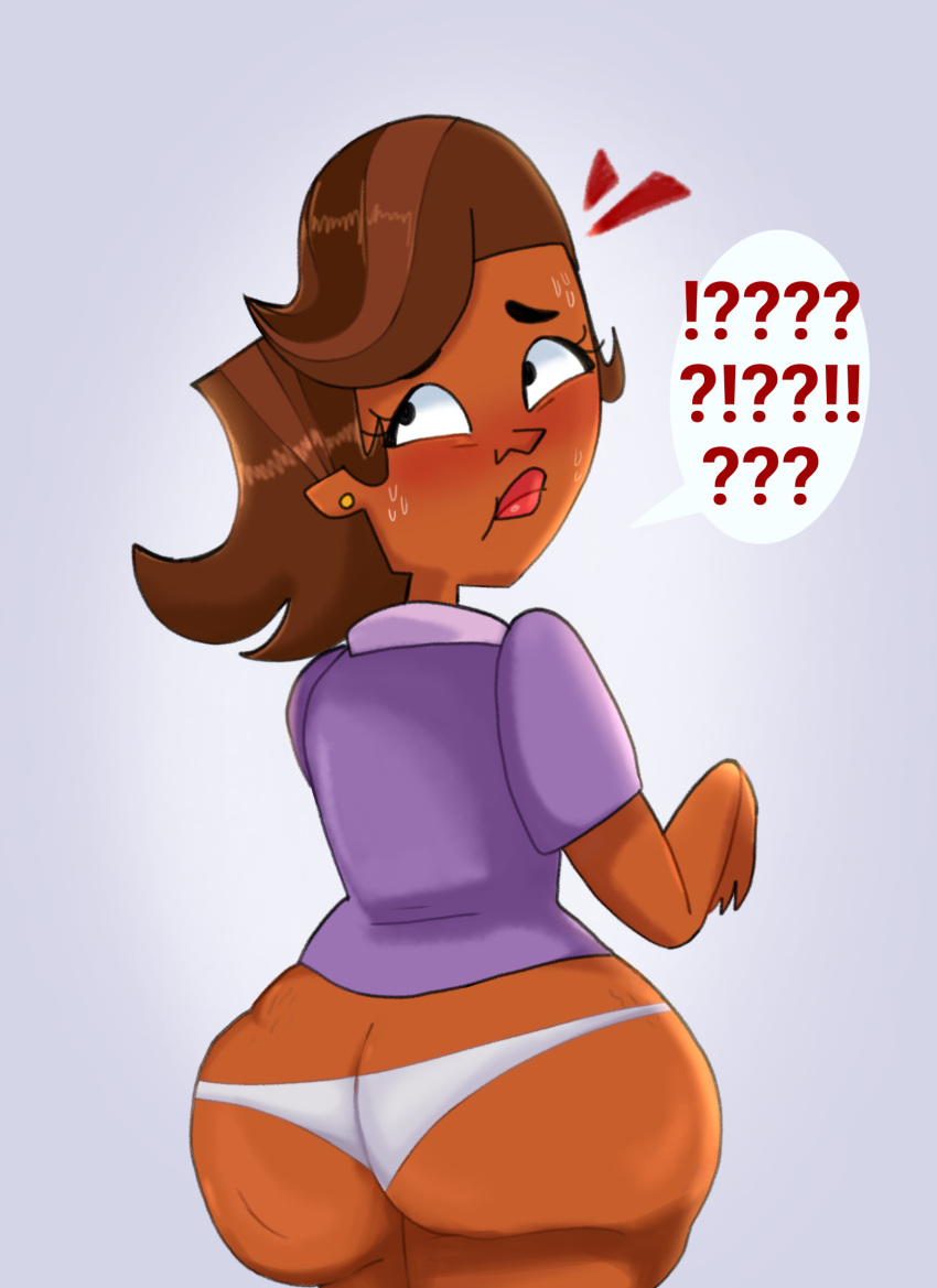 1girls ass_bigger_than_head big_ass big_butt blush blushing brown_hair clothed clothing dark_skin dona_azz embarrassed female female_only hips milf nervous only_female panties semi_nude sierra_(tdi) simple_background stretch_marks tan_body tan_skin thick_ass total_drama_island uncomfortable underwear wide_hips