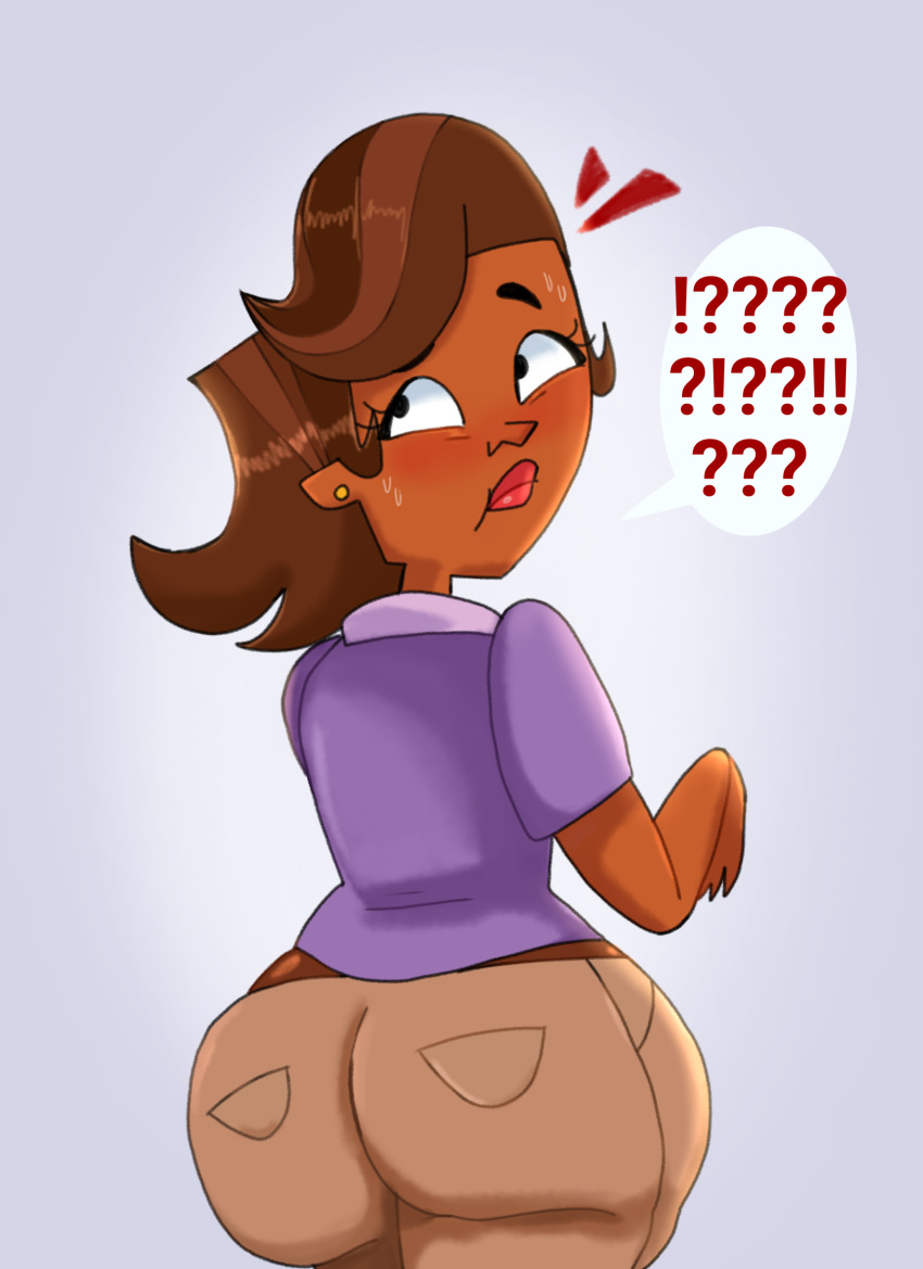 1girls ass_bigger_than_head big_ass big_butt big_hips blush brown_hair clothed clothing dark-skinned_female dark_skin dona_azz embarrassed female female_only milf nervous only_female sierra_(tdi) simple_background solo tan_body tan_skin thick_ass total_drama_island uncomfortable wide_hips