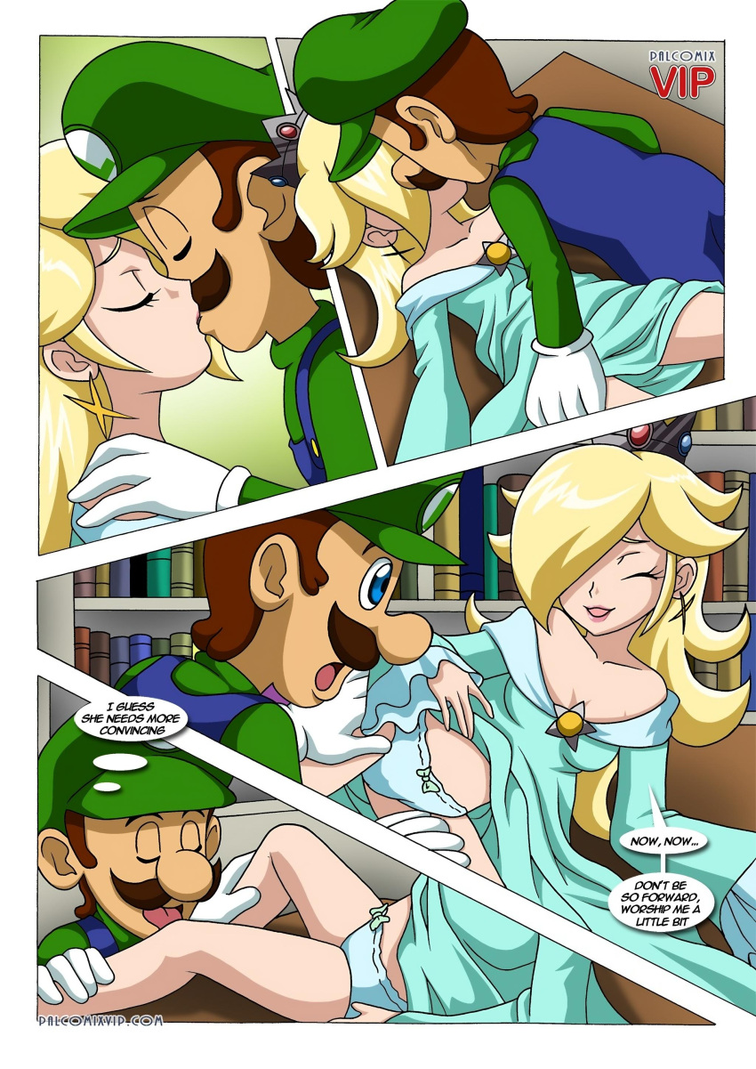 1boy 1girls blonde_female blonde_hair blue_dress breasts brown_hair comic couple earrings female hair_over_one_eye japanese_text kissing legs licking licking_leg licking_legs love luigi making_out mario_(series) nintendo palcomix panties passionate playful princess_rosalina romantic sex speech_bubble straight super_mario_galaxy teasing text thighs underwear undressing worship