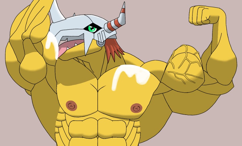 abs armor bandai_namco bodily_fluids cum cum_on_arm cum_on_biceps cum_on_chest cum_on_own_chest cum_on_self digimon digimon_(species) erect_nipples flexing flexing_bicep flexing_both_biceps genital_fluids green_eyes hair headgear headgear_only helmet helmet_only hi_res horn humanoid licking licking_arm licking_cum licking_own_cum male male_only nipples no_visible_genitalia non-human nude nude_male pecs red_hair secromon self_lick sharp_teeth solo teeth tongue tongue_out vein veiny_muscles wargreymon yellow_body