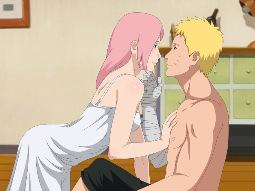 1boy 1girls alternate_hairstyle ass_in_dress bandaged_arm bandages before_sex bent_over blue_eyes blush blushing_at_another boruto:_naruto_next_generations couple dress female gown green_eyes human iharuluna_(artist) imminent_kiss imminent_sex in_love long_hair looking_at_another looking_at_partner male male/female muscular muscular_male naruto naruto_(series) nightgown on_floor pants pecs pink_hair romantic romantic_couple sakura_haruno shirtless shirtless_(male) short_hair side_view sideboob sitting sleeveless straight toned toned_male touching_chest touching_face uzumaki_naruto yellow_hair