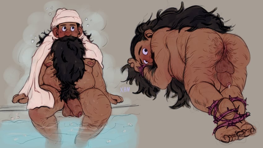 1boy all_fours anal_hair anus ass bara beard blush bound_ankles brown_hair cum cumdrip dark-skinned_male dark_skin deviousxhn dungeon_meshi dwarf excessive_pubic_hair facial_hair fat fat_man flaccid foreskin full_beard full_body hairy highres long_beard looking_back looking_up male_focus male_only male_pubic_hair mature_male navel navel_hair nipples nude presenting pubic_hair senshi_(dungeon_meshi) solo solo_male sparse_arm_hair sparse_leg_hair steam thick_ass_hair thick_beard thick_eyebrows thick_mustache thick_navel_hair thighs unretracted_foreskin very_long_beard