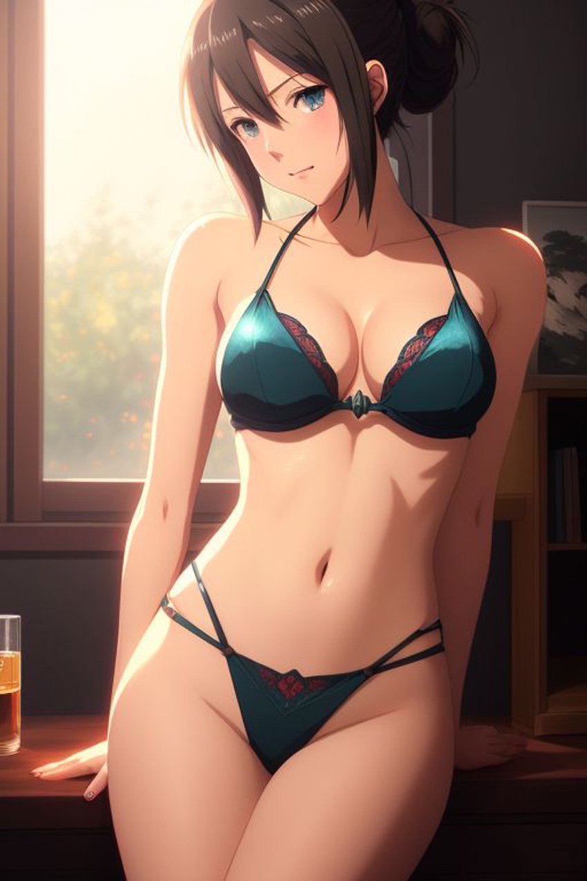 ai_generated artist_request bangs beaker female green_bra green_panties hair_bun illustration interior_background interior_scene liquid miyamizu_mitsuha sole_female staring_at_viewer sunset table window your_name