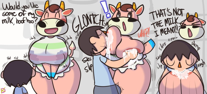 animal_crossing anthro big_breasts bodily_fluids bottomless bovid bovine breast_grab breast_milking breast_play breast_squish breastfeeding breasts bulge cattle clothed clothing comic duo erect_nipples erection erection_under_clothing female hand_on_breast hi_res human klutzatdusk lactating lactating_through_clothing large_female male male/female mammal milk nintendo nipple_outline nipples norma_(animal_crossing) size_difference slightly_chubby slightly_chubby_female squish surprise surprised_expression villager_(animal_crossing) wet wet_clothing wide_hips