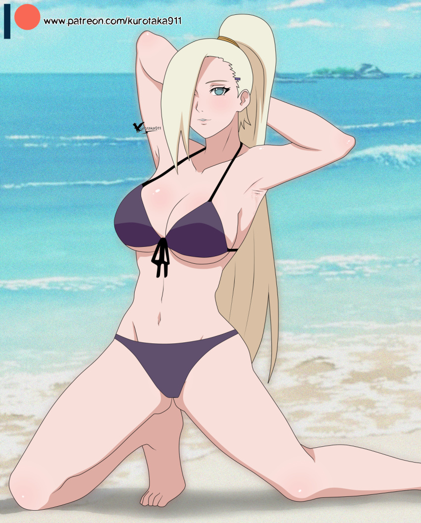 1girls agung911 armpits arms_behind_head arms_up barefoot beach big_breasts bikini bikini_bottom bikini_top blonde_hair blue_eyes boruto:_naruto_next_generations breasts feet female female_only fully_clothed hair_over_one_eye ino_yamanaka kneeling looking_at_viewer mature mature_female milf naruto naruto_(series) outdoors patreon_username ponytail pose posing posing_for_the_viewer seaside solo swimsuit tied_hair url very_long_hair watermark web_address